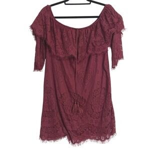 Flying Tomato Maroon Lace‎ Off Shoulder Ruffle Romantic Witchy Mini Dress Sm